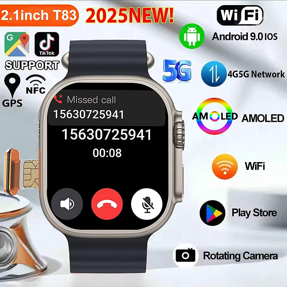 New 4G SIM Card and Camera Video Call SmartWatch Whatsapp Notification AMOLED Screen Custom Dial Support TWS Earphone Connection