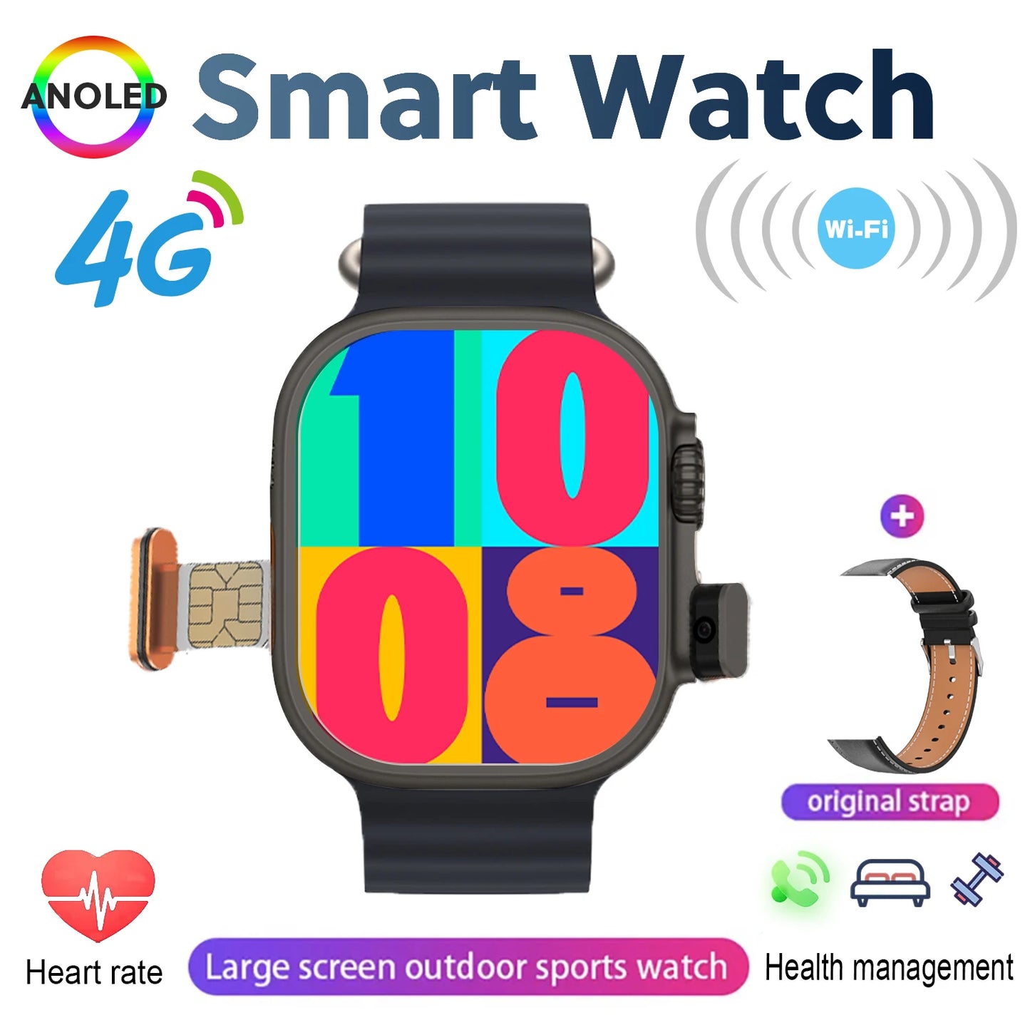 New 4G SIM Card and Camera Video Call SmartWatch Whatsapp Notification AMOLED Screen Custom Dial Support TWS Earphone Connection