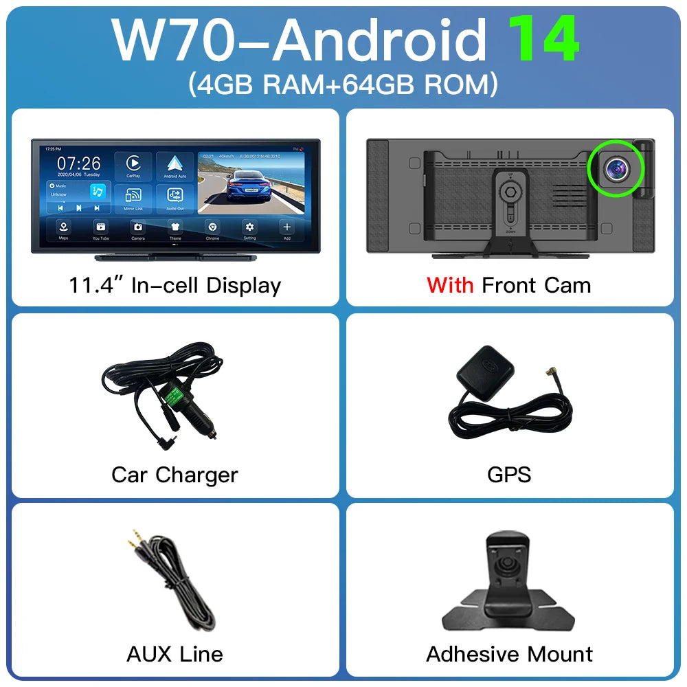 Imagebon W70 11.4" 8 Core Android 14 6+128G CarPlay & Android Auto Dash Cam GPS WiFi Google Play Youtube Netflix OTA Upgrade DVR