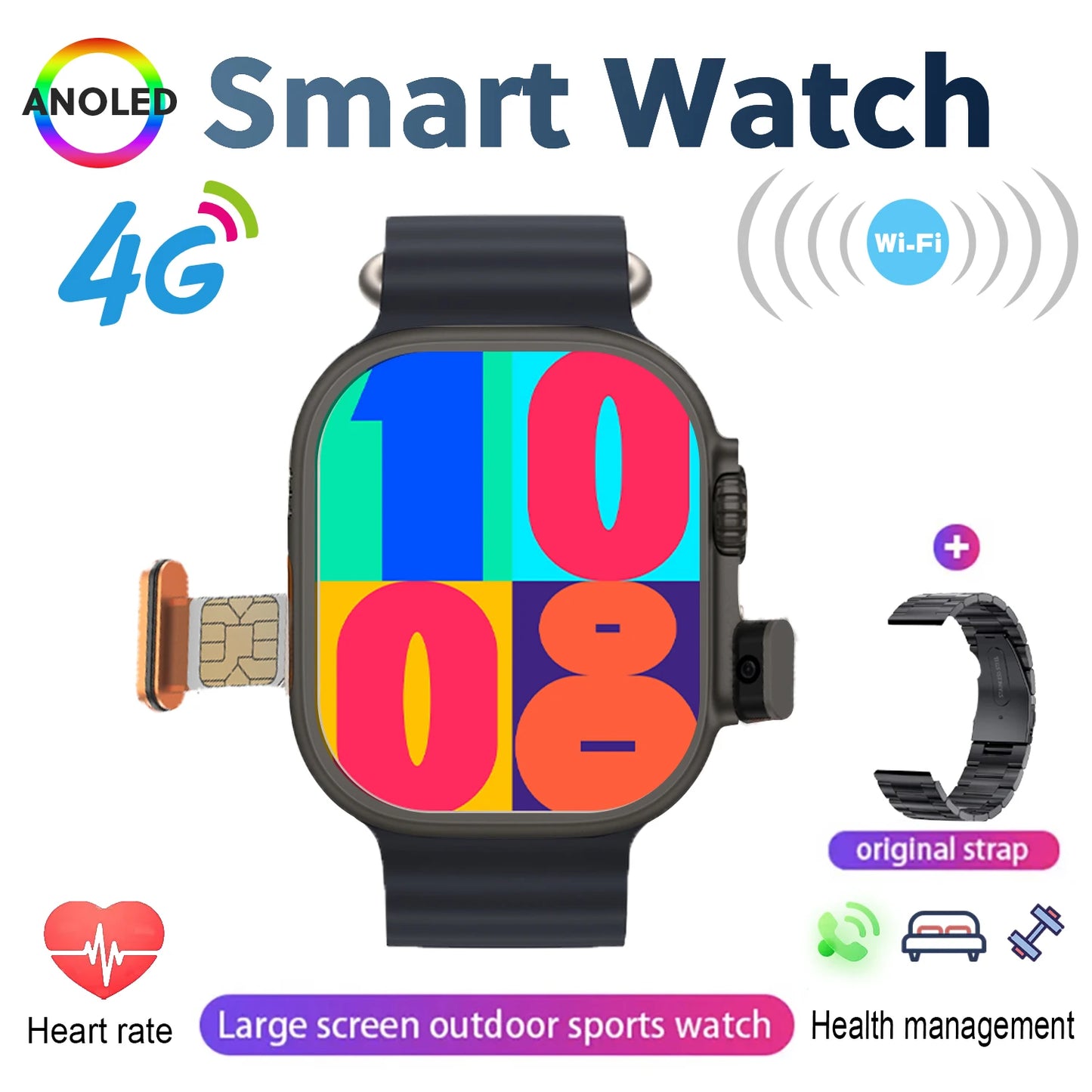 New 4G SIM Card and Camera Video Call SmartWatch Whatsapp Notification AMOLED Screen Custom Dial Support TWS Earphone Connection