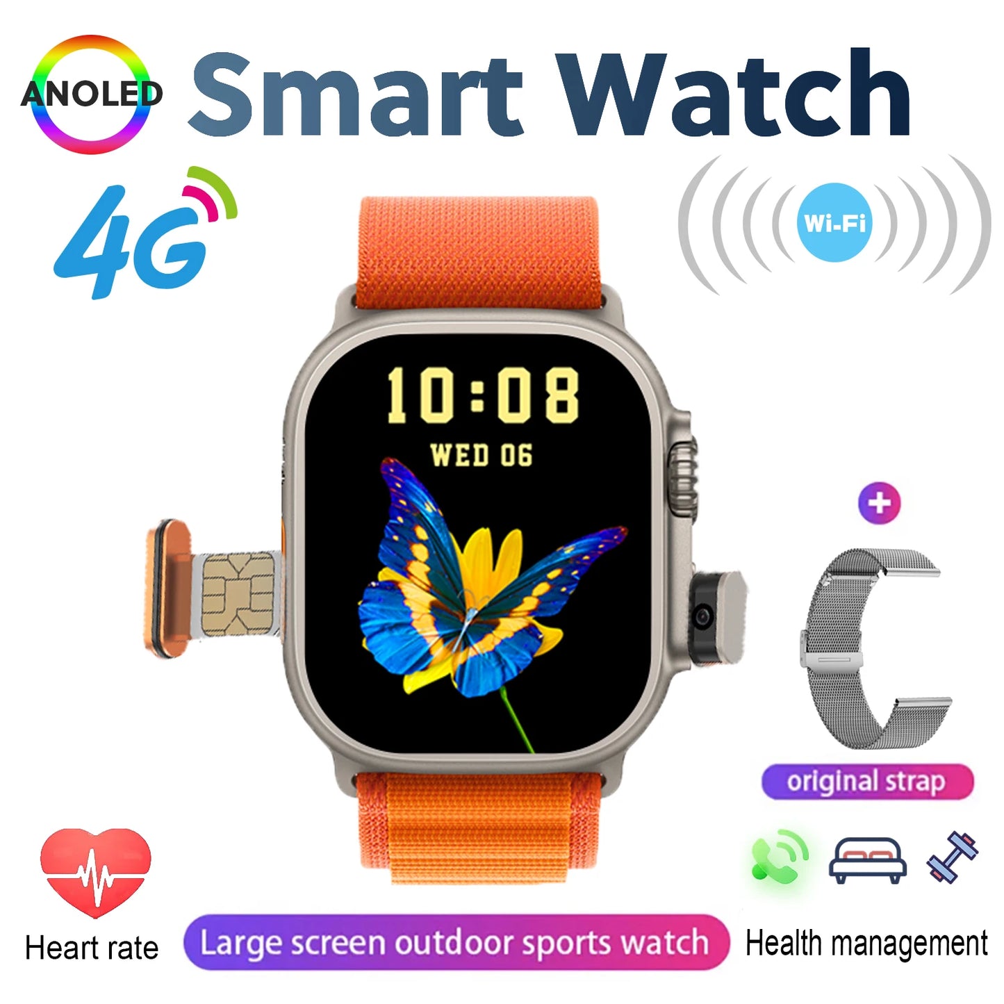 New 4G SIM Card and Camera Video Call SmartWatch Whatsapp Notification AMOLED Screen Custom Dial Support TWS Earphone Connection