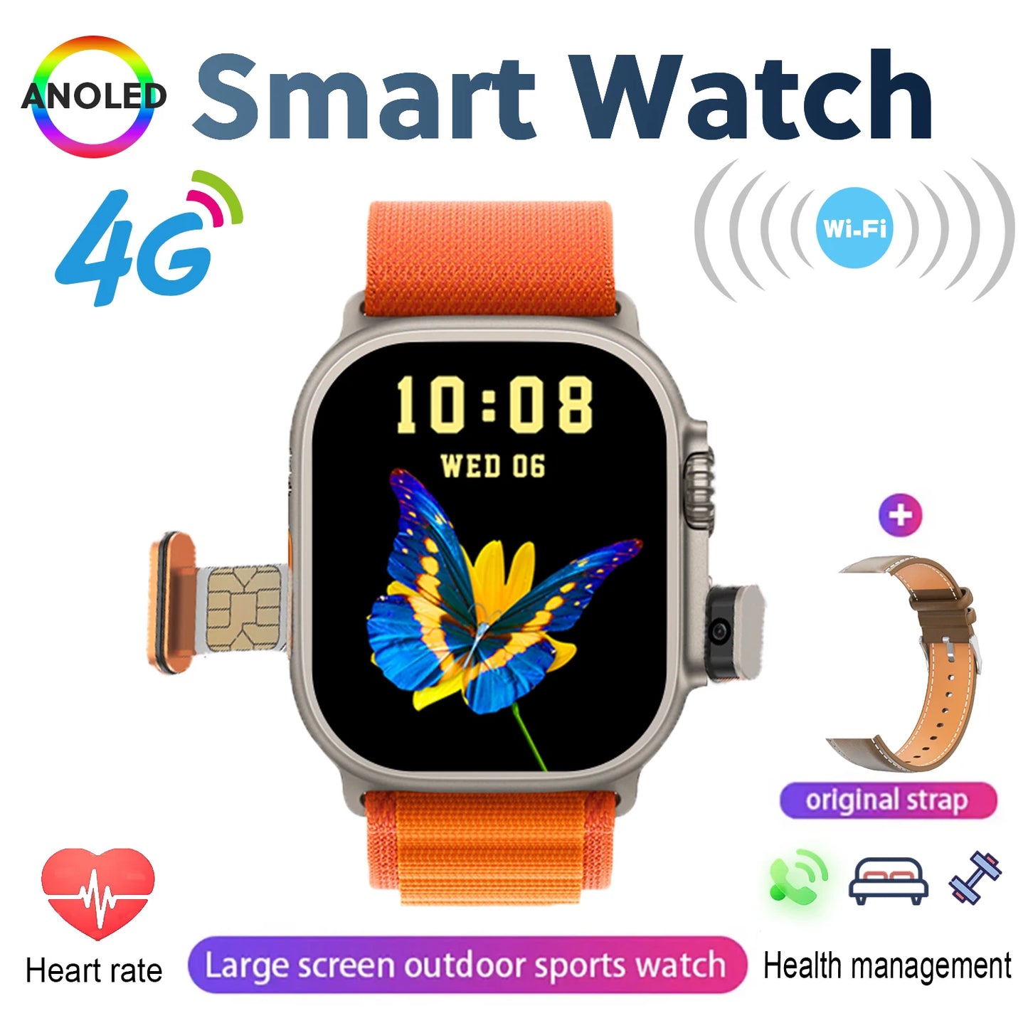 New 4G SIM Card and Camera Video Call SmartWatch Whatsapp Notification AMOLED Screen Custom Dial Support TWS Earphone Connection