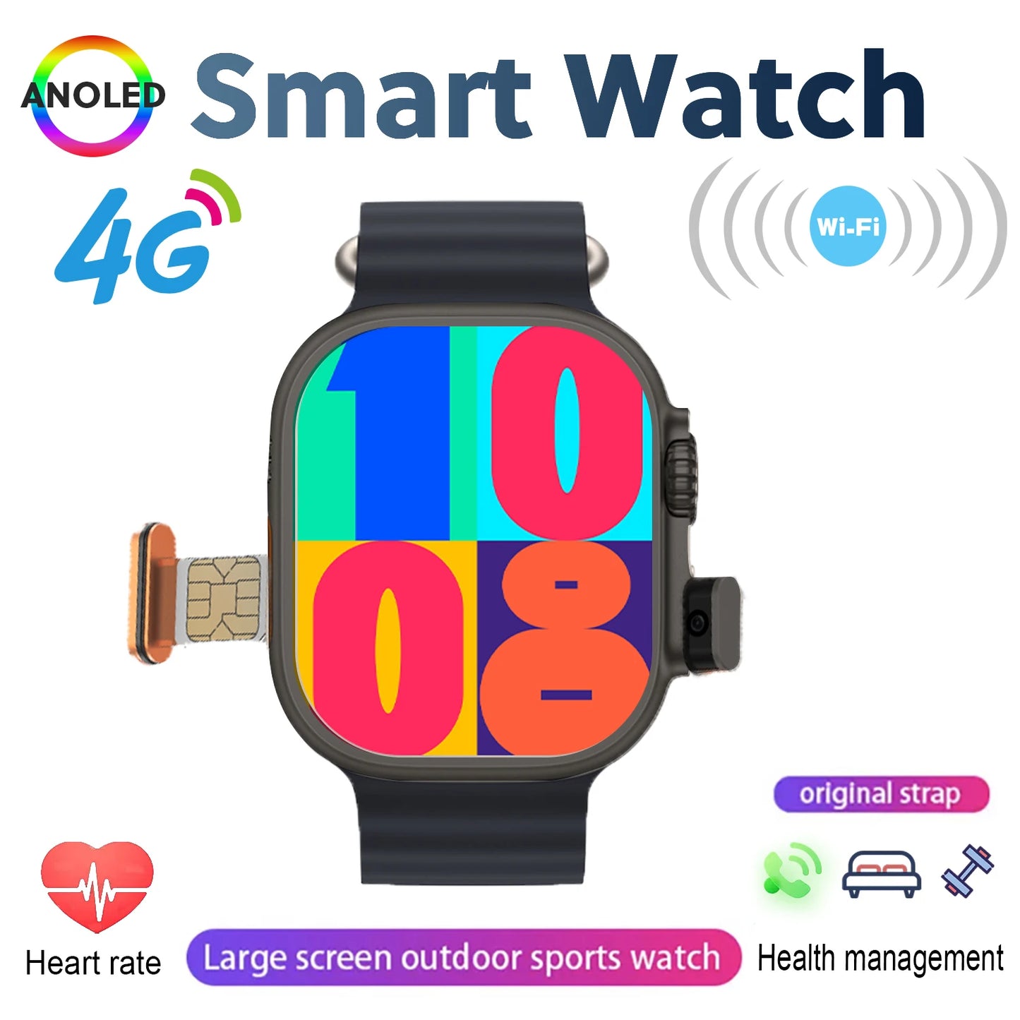 New 4G SIM Card and Camera Video Call SmartWatch Whatsapp Notification AMOLED Screen Custom Dial Support TWS Earphone Connection