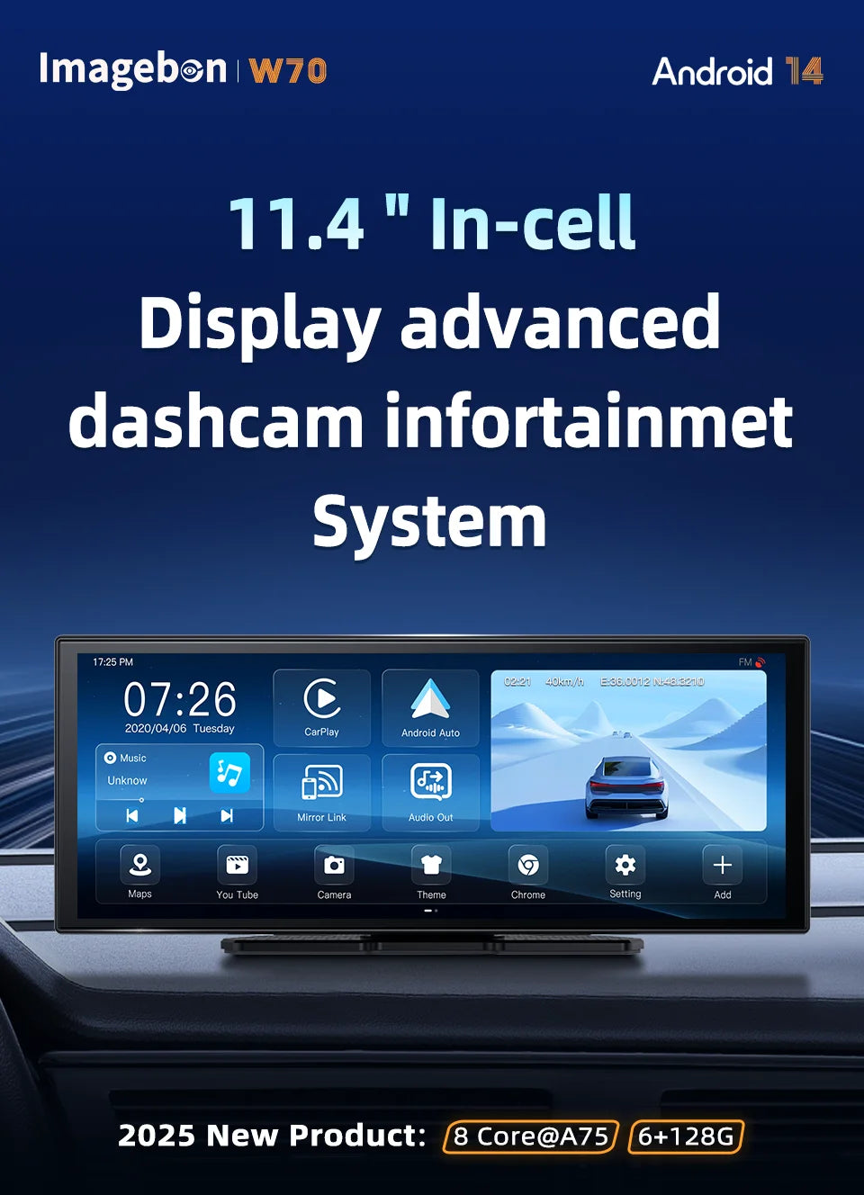 Imagebon W70 11.4" 8 Core Android 14 6+128G CarPlay & Android Auto Dash Cam GPS WiFi Google Play Youtube Netflix OTA Upgrade DVR