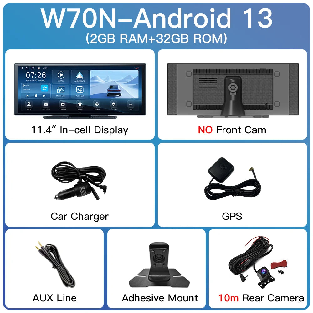 Imagebon W70 11.4" 8 Core Android 14 6+128G CarPlay & Android Auto Dash Cam GPS WiFi Google Play Youtube Netflix OTA Upgrade DVR