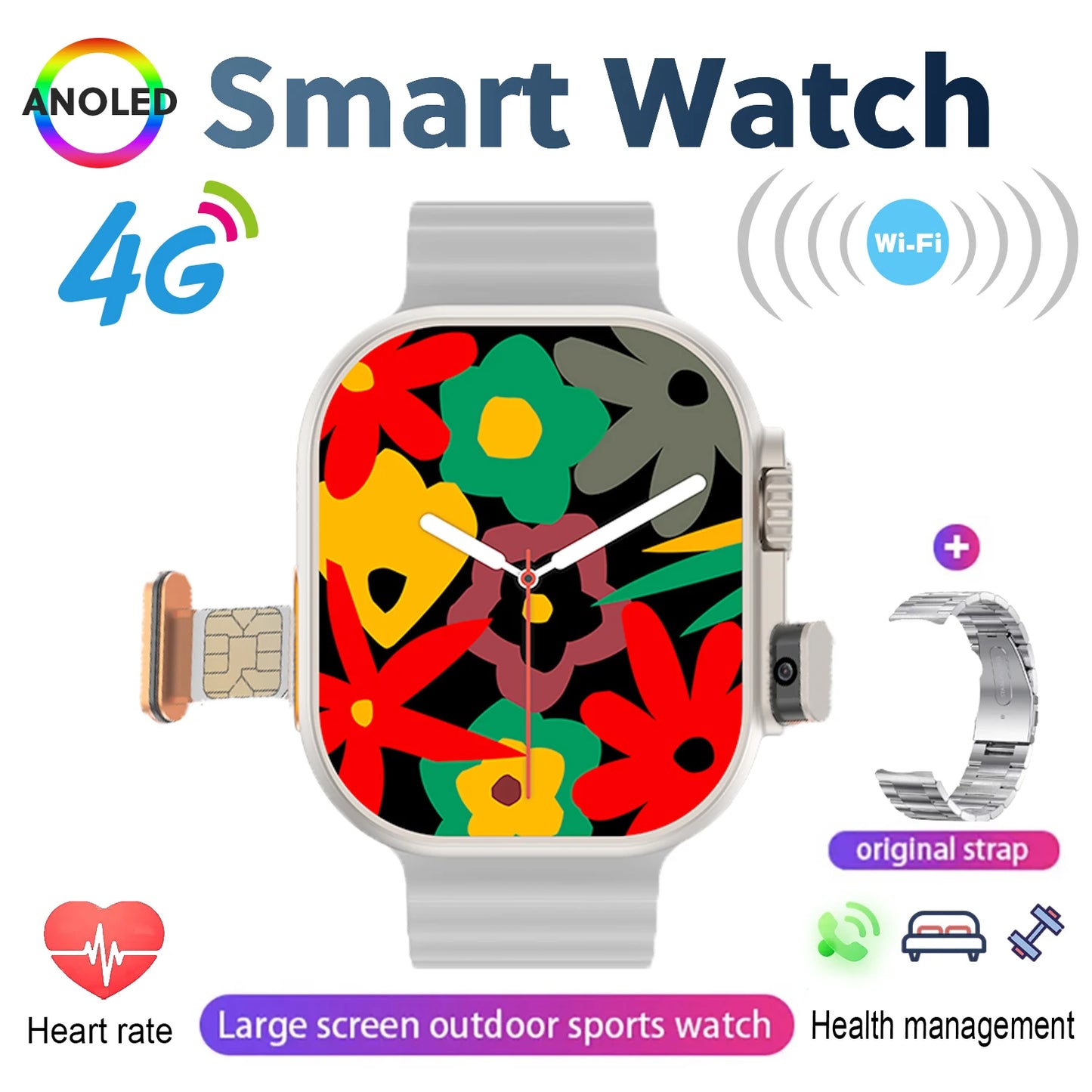 New 4G SIM Card and Camera Video Call SmartWatch Whatsapp Notification AMOLED Screen Custom Dial Support TWS Earphone Connection