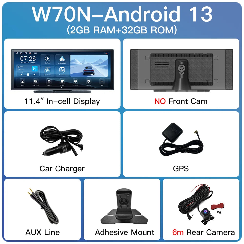 Imagebon W70 11.4" 8 Core Android 14 6+128G CarPlay & Android Auto Dash Cam GPS WiFi Google Play Youtube Netflix OTA Upgrade DVR