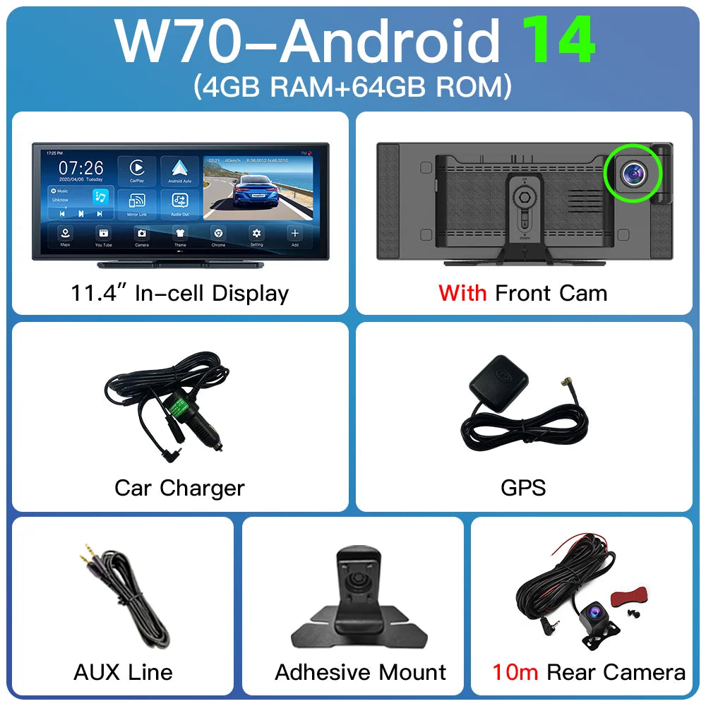Imagebon W70 11.4" 8 Core Android 14 6+128G CarPlay & Android Auto Dash Cam GPS WiFi Google Play Youtube Netflix OTA Upgrade DVR