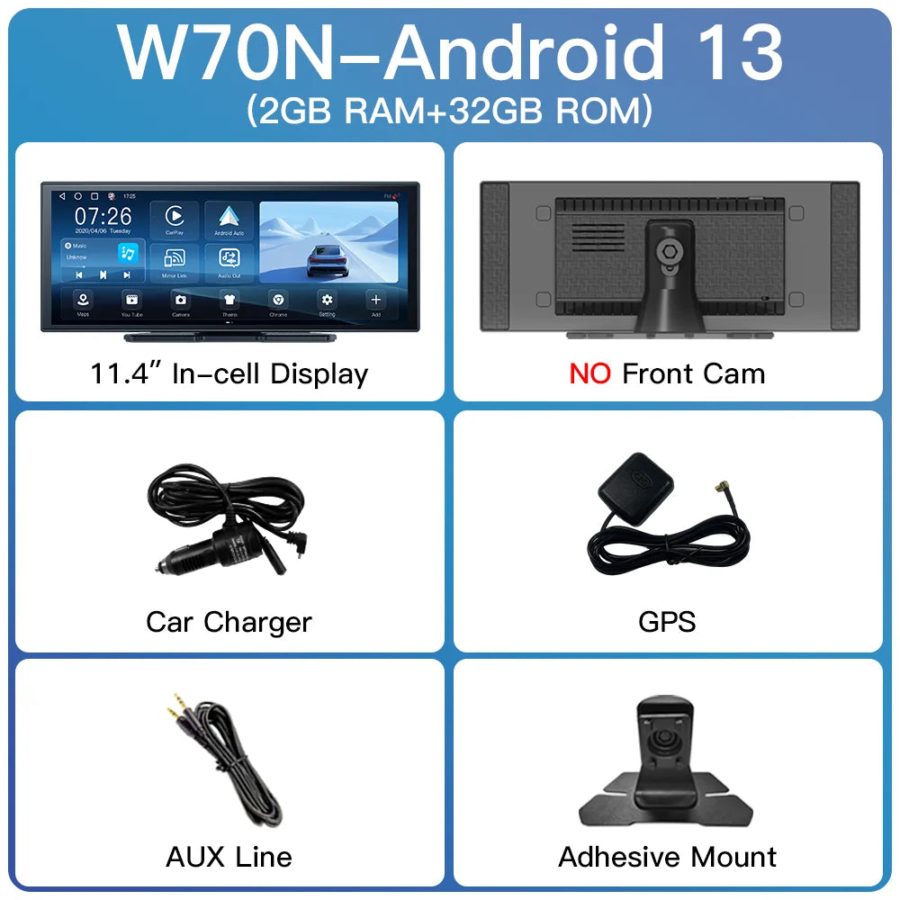 Imagebon W70 11.4" 8 Core Android 14 6+128G CarPlay & Android Auto Dash Cam GPS WiFi Google Play Youtube Netflix OTA Upgrade DVR