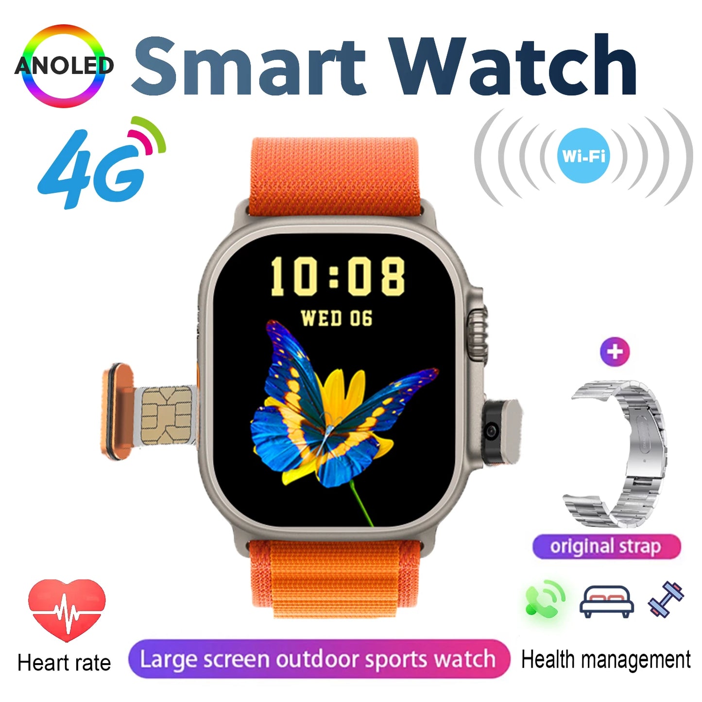 New 4G SIM Card and Camera Video Call SmartWatch Whatsapp Notification AMOLED Screen Custom Dial Support TWS Earphone Connection