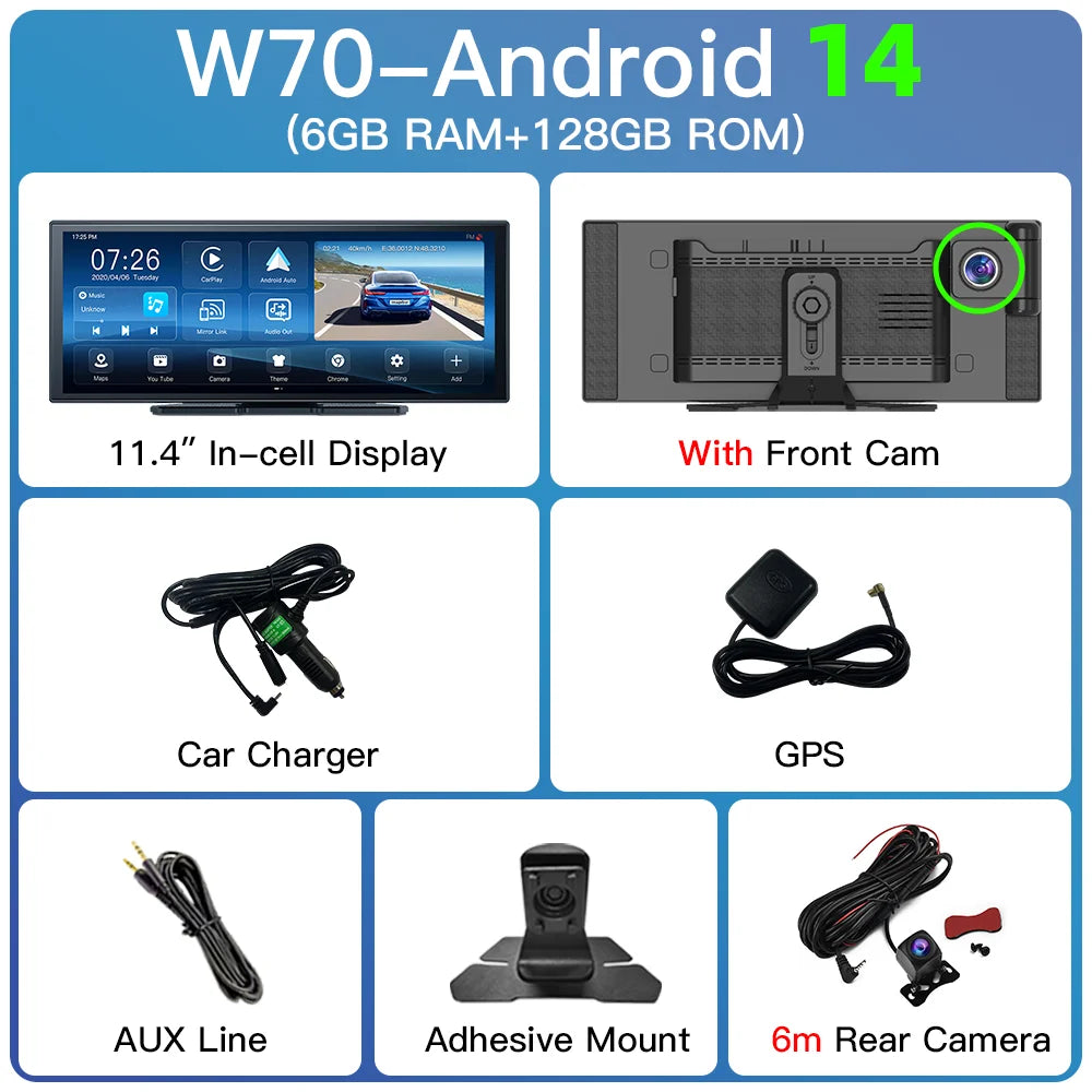 Imagebon W70 11.4" 8 Core Android 14 6+128G CarPlay & Android Auto Dash Cam GPS WiFi Google Play Youtube Netflix OTA Upgrade DVR