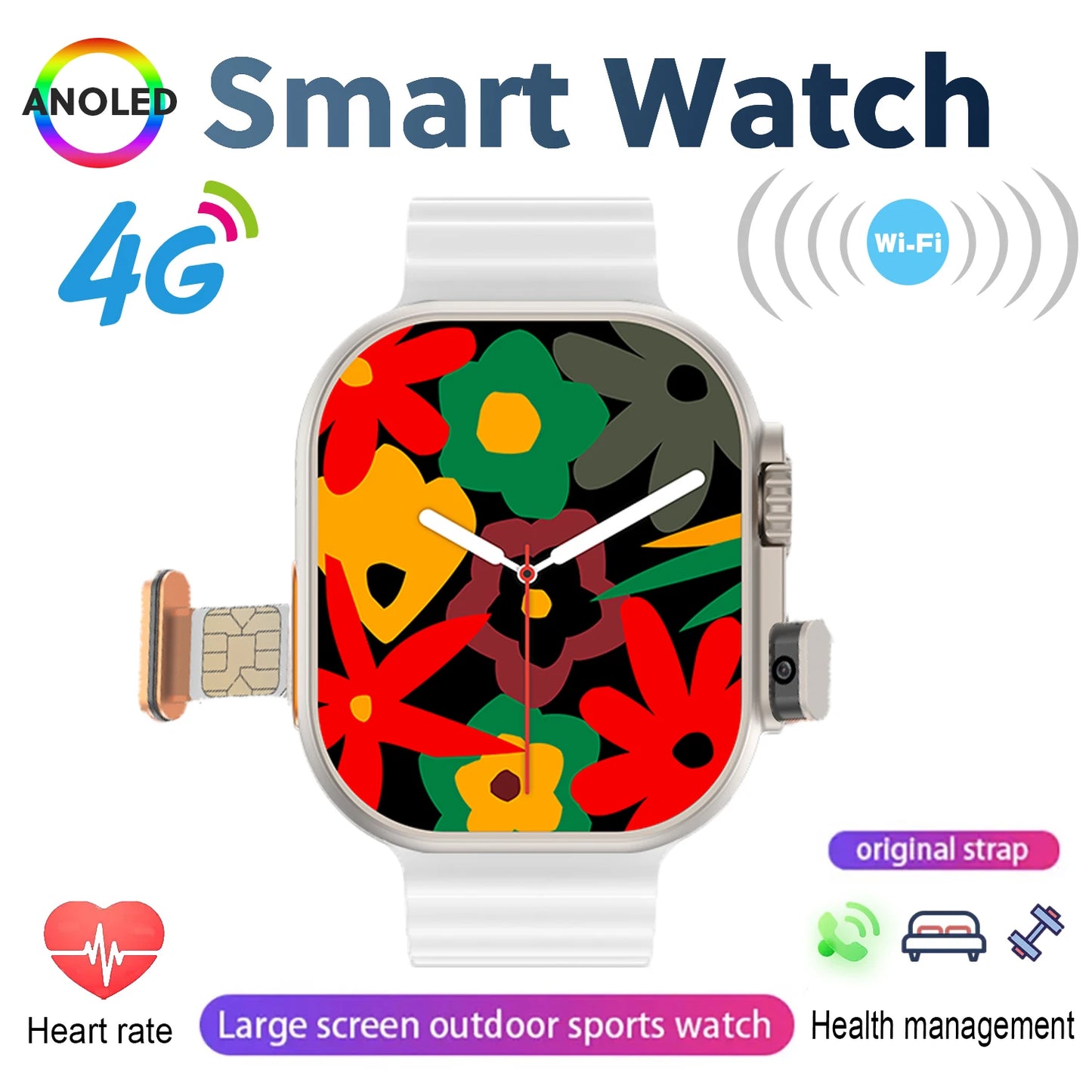 New 4G SIM Card and Camera Video Call SmartWatch Whatsapp Notification AMOLED Screen Custom Dial Support TWS Earphone Connection