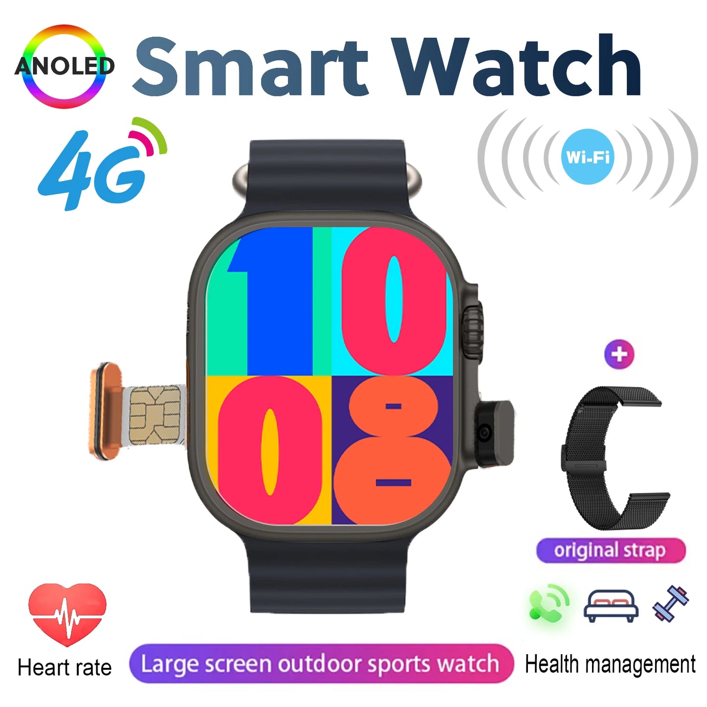 New 4G SIM Card and Camera Video Call SmartWatch Whatsapp Notification AMOLED Screen Custom Dial Support TWS Earphone Connection