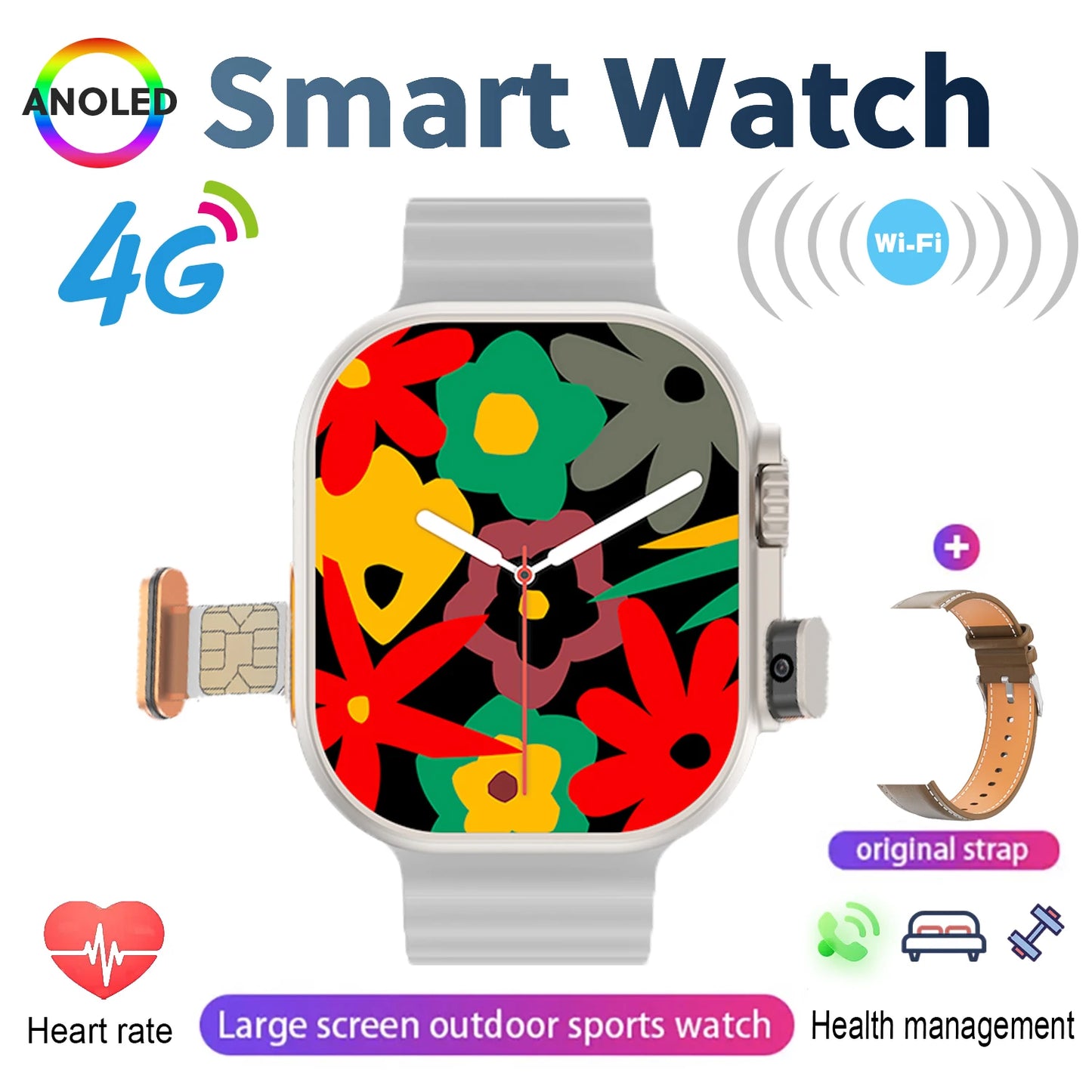 New 4G SIM Card and Camera Video Call SmartWatch Whatsapp Notification AMOLED Screen Custom Dial Support TWS Earphone Connection