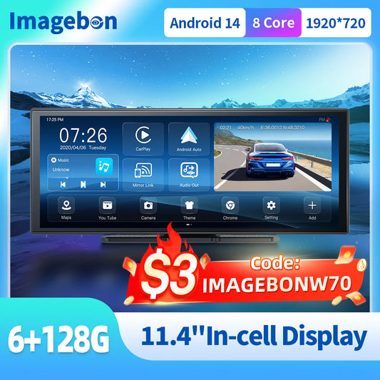 Imagebon W70 11.4" 8 Core Android 14 6+128G CarPlay & Android Auto Dash Cam GPS WiFi Google Play Youtube Netflix OTA Upgrade DVR